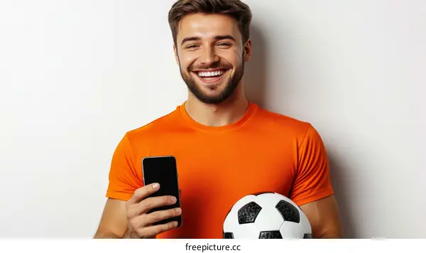 Happy Caucasian Man Holding a Soccer Ball and Smartphone
