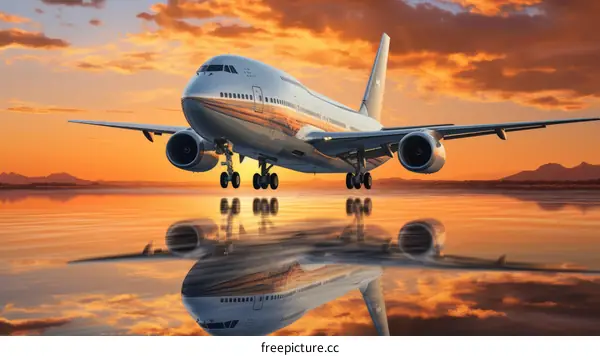airplane flying over water with sunset in the background