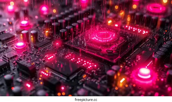 A circuit board with a glowing CPU and pink and orange lights