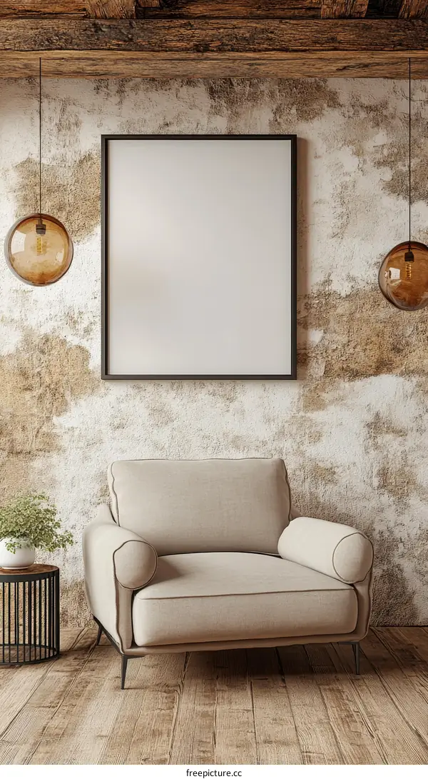 Empty Frame in Rustic Living Room Interior