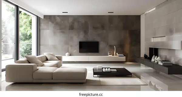 Modern Living Room Interior Design With Grey Walls And Large Sofa