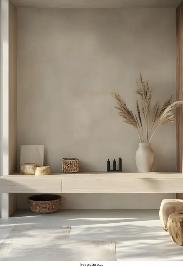 Minimalist Interior Design with Wooden Shelf and Beige Wall