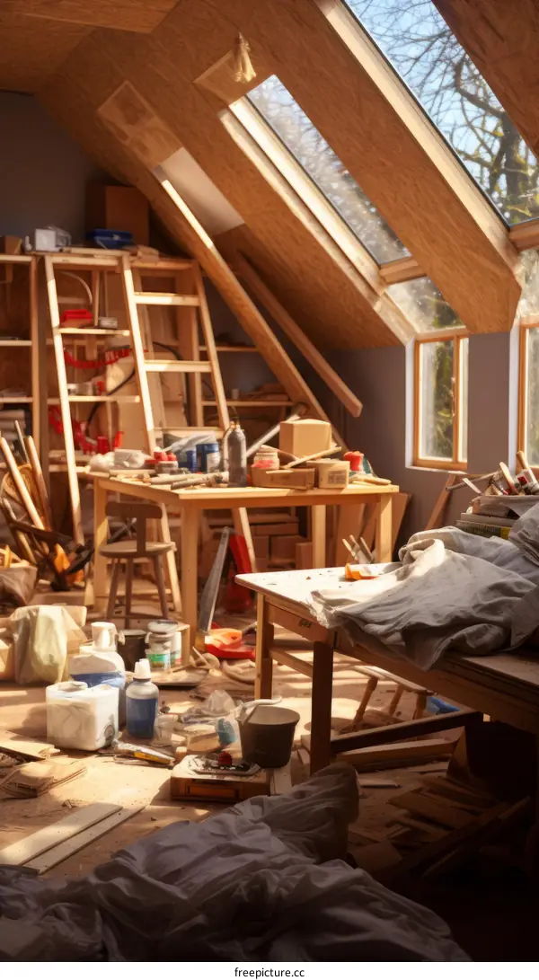Messy Attic with Skylight and Sunlight