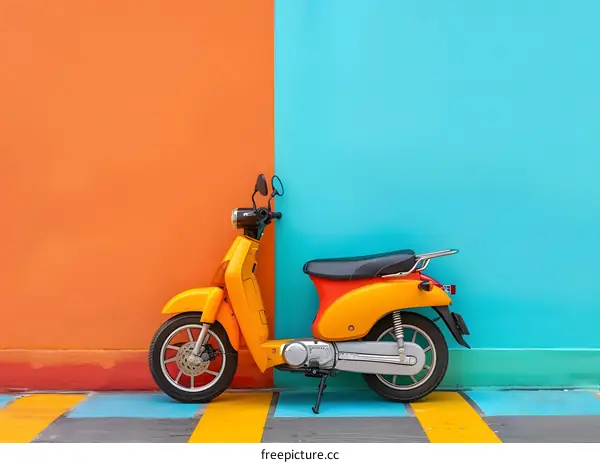 Yellow Scooter Parked Against a Colorful Wall