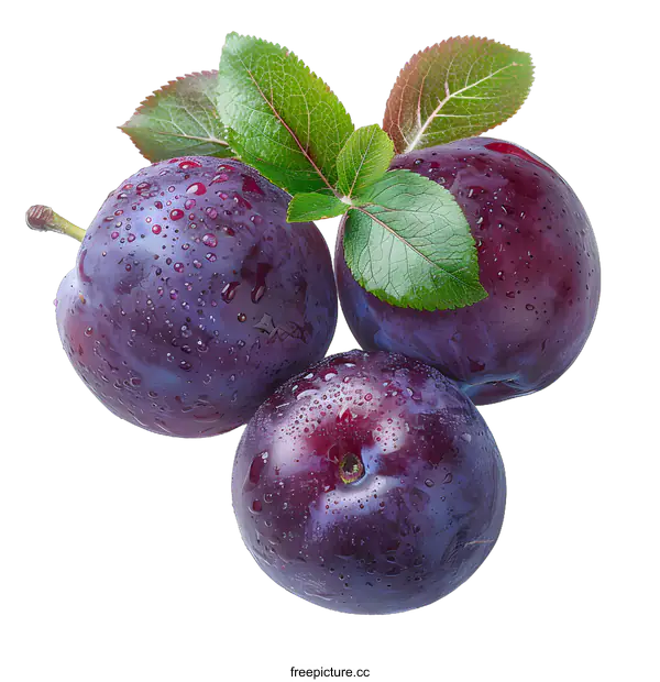 [Transparent Background PNG]Three ripe plums with green leaves on a white background
