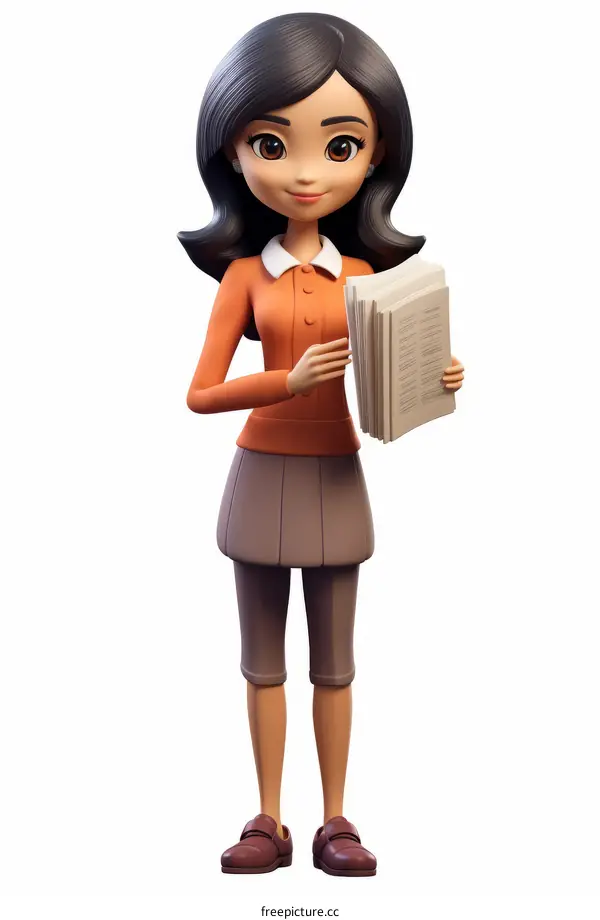 A 3D illustration of a young woman holding a stack of papers