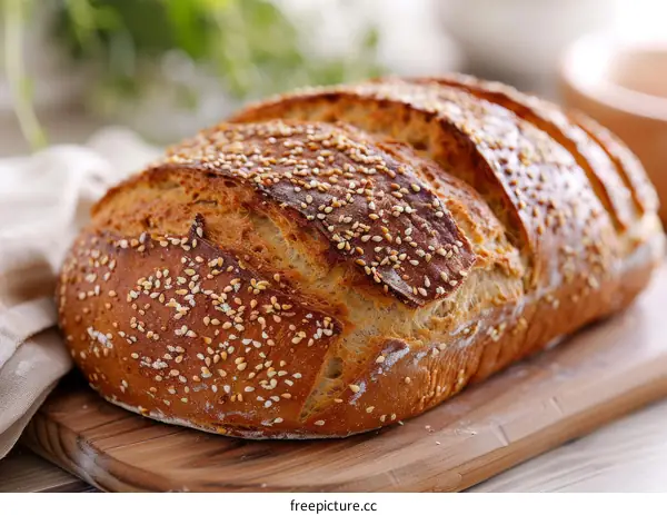 Homemade bread with sesame seeds on a wooden board