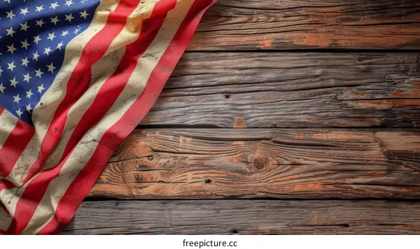 Closeup of an American Flag on a wooden background