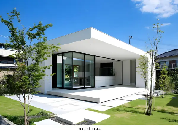 Modern White House With Green Lawn And Blue Sky