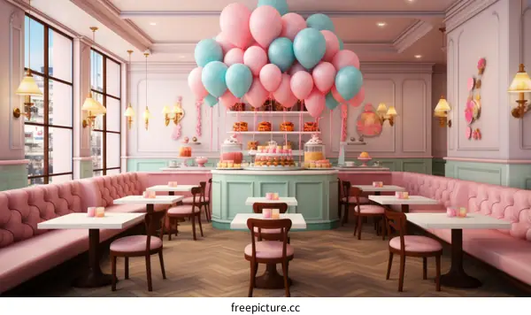 Pastel renkli balonlarla süslenmiş kafe