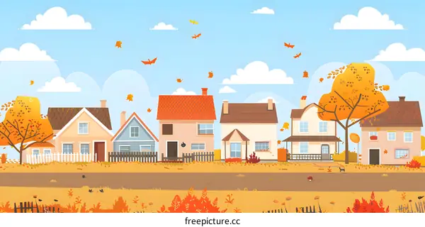 Autumn Landscape with Houses and Falling Leaves