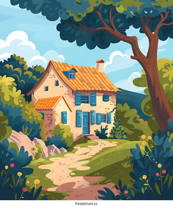 Charming Cartoon Illustration of a Small House in the Woods