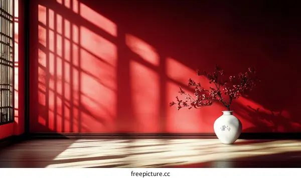 Red Chinese Style Room Interior with Flowers