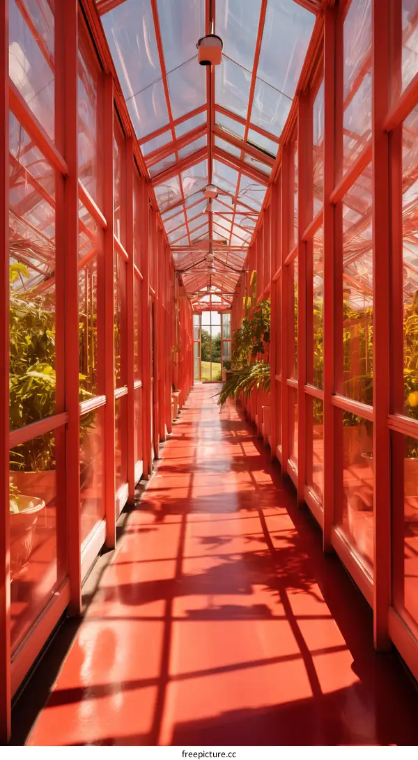 Red Glass Greenhouse with Plants