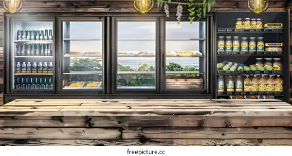 Wooden Table Top with View of a Cooler Filled with Drinks and a Window
