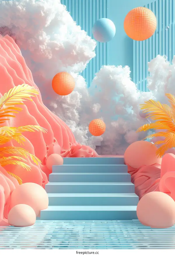 Surreal Landscape with Stairs to Cloudy Sky