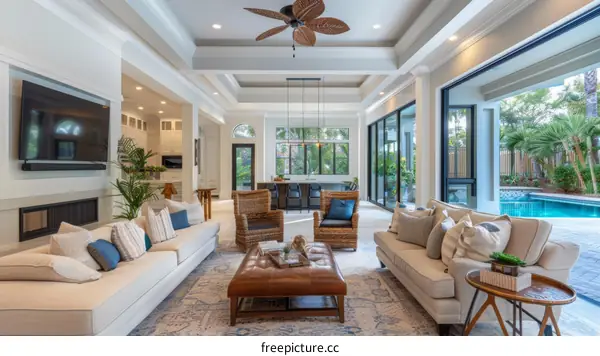 Modern house interior living room with vaulted ceiling and large windows