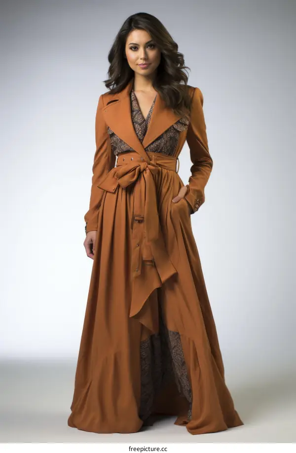 Brown maxi belted trench coat with snake print lining