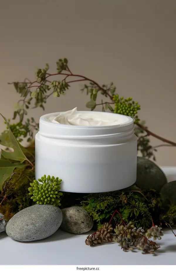 White Cream Jar Surrounded by Rocks and Moss