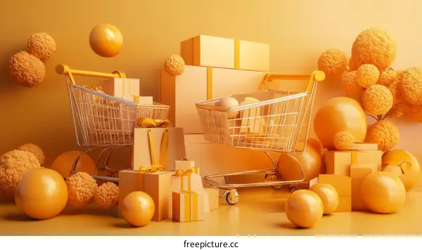Shopping Cart Filled with Gifts in a Monochromatic Setting