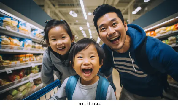 Father pushing a shopping cart with two children in a grocery store
