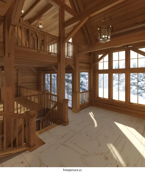 Wooden Staircase With Wooden Railing Leading to an Upper Level