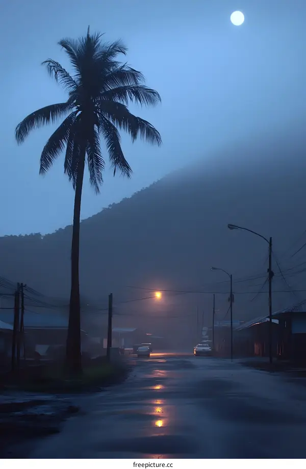 Palm Tree Silhouette on a Foggy Night