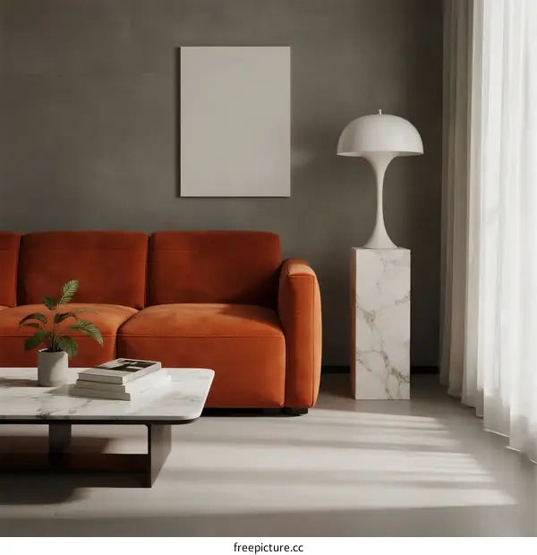 Modern Living Room Interior with Orange Sofa and White Decor