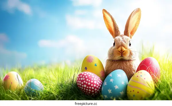 Easter Bunny with Colorful Eggs in Spring Meadow