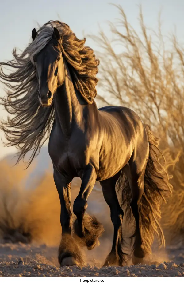 A beautiful black horse with a long flowing mane and tail is running through a field of tall grass.