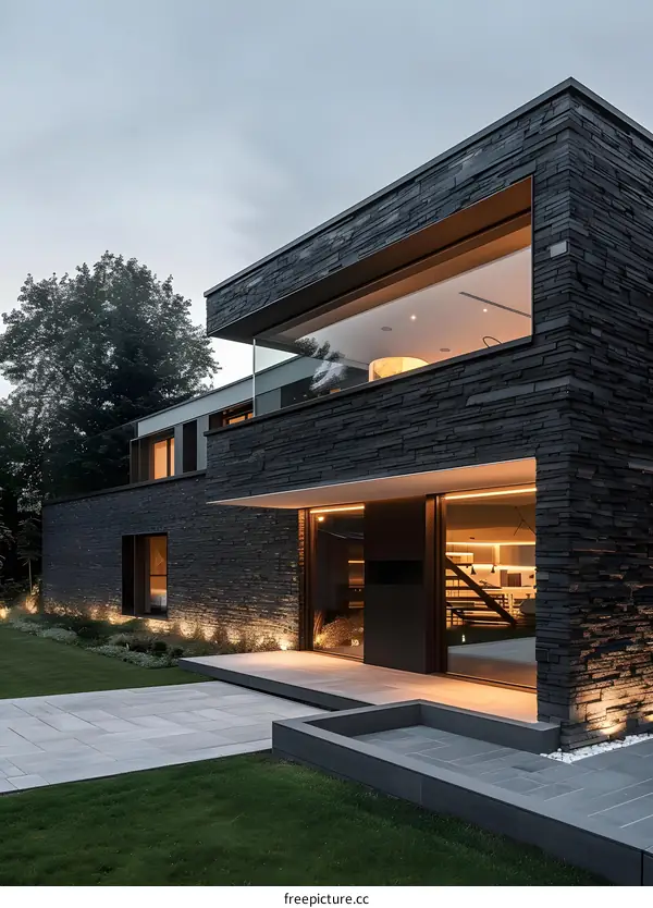 Modern Black Brick House with Large Windows