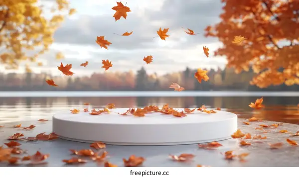 Autumn Leaves Falling on White Platform by the Lake