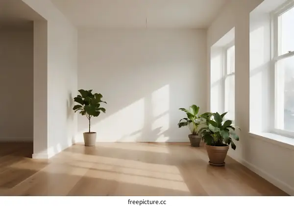 Bright and empty room with natural light and indoor plants