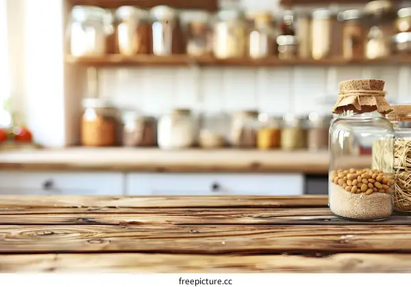 Rustic Wooden Tabletop with Glass Jars of Dried Goods in Blurred Kitchen Background