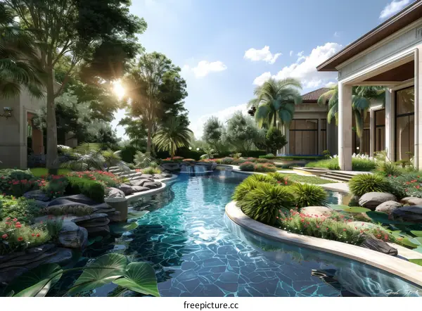 Courtyard with swimming pool and tropical plants