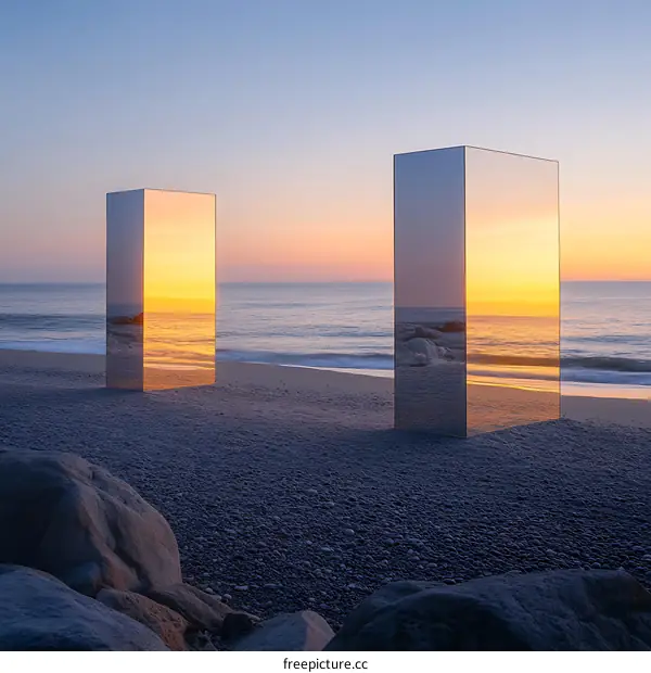 Two Reflective Structures on a Beach at Sunset