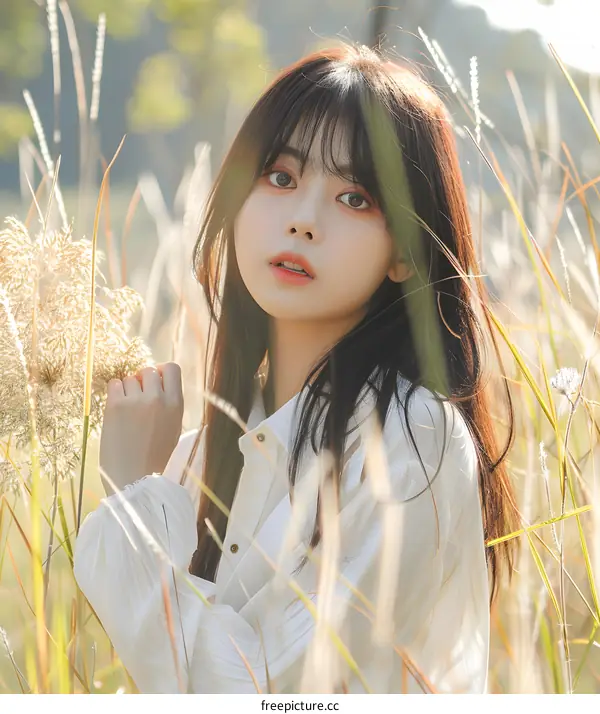 Young Woman in White Shirt Posing in Grass Field