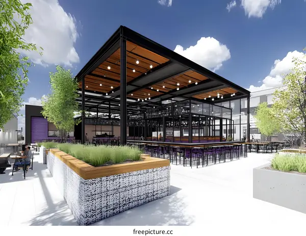 Modern Outdoor Restaurant Patio Design with Purple Seating