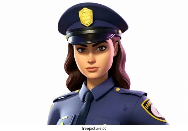 A policewoman with long brown hair and brown eyes is wearing a police uniform and a hat with a badge that says LAPD.