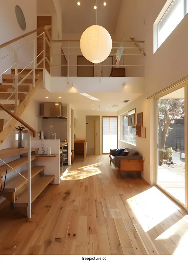 Modern Open Plan Living Room With Wooden Floor and Staircase