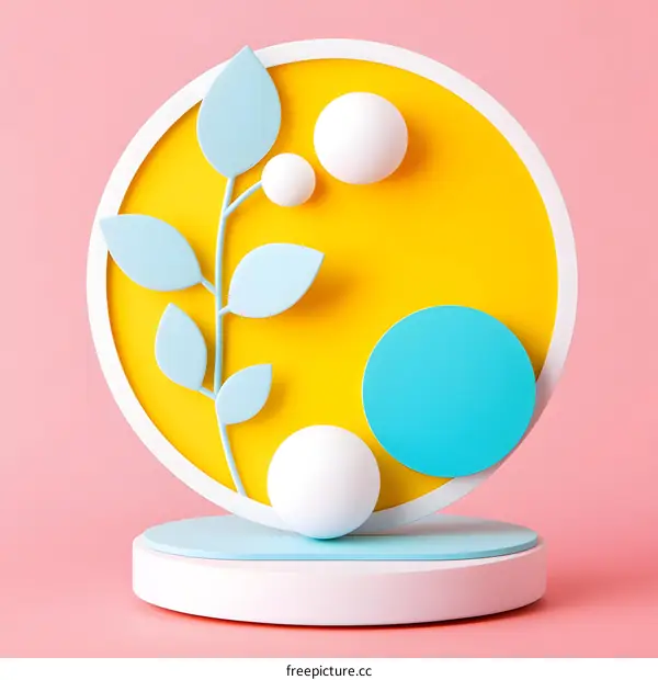 Abstract 3D Illustration With Yellow Circle and Blue Leaves