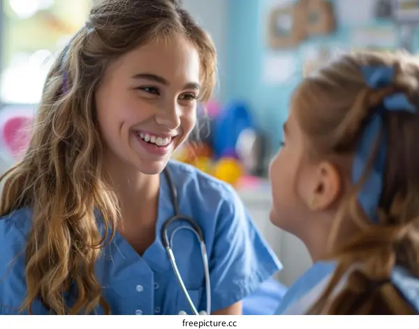 Young doctor talking to a little girl