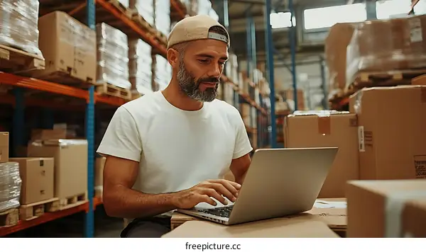 Warehouse Worker Using Laptop in a Warehouse