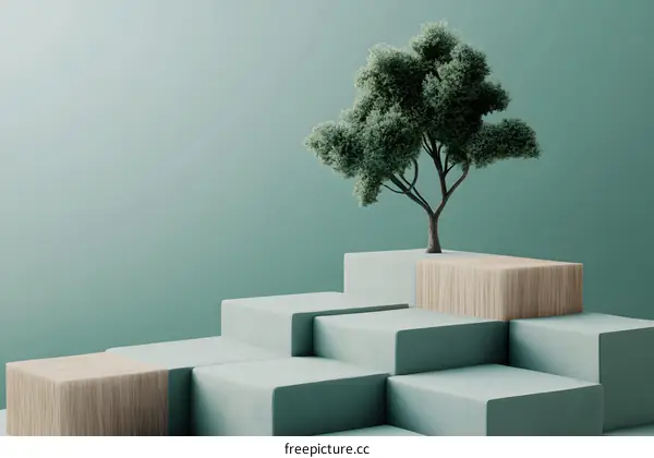 Minimalist 3D Green and Wood Render with Tree