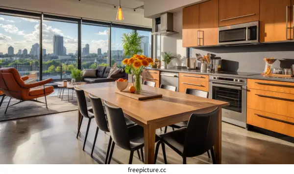 Modern kitchen and dining room with city view
