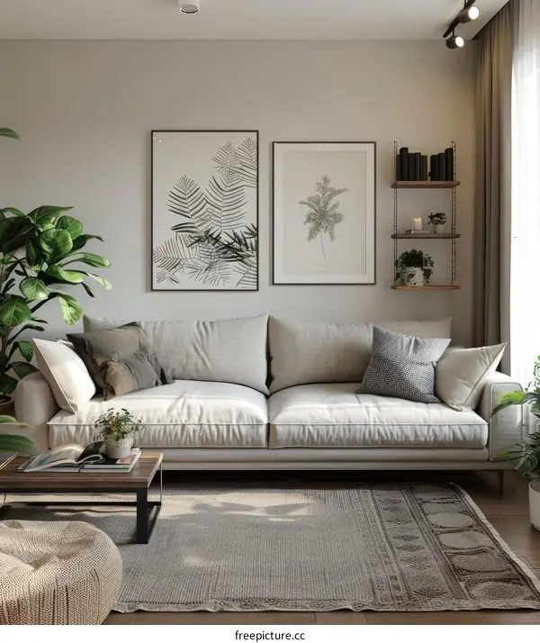 Bright living room with sofa and plants