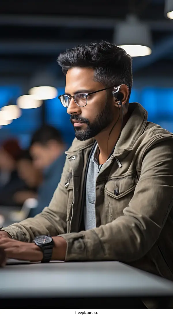 Indian man wearing glasses and a green jacket using a laptop in an office