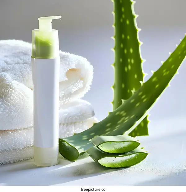 Aloe Vera Skin Care Products With White Towel
