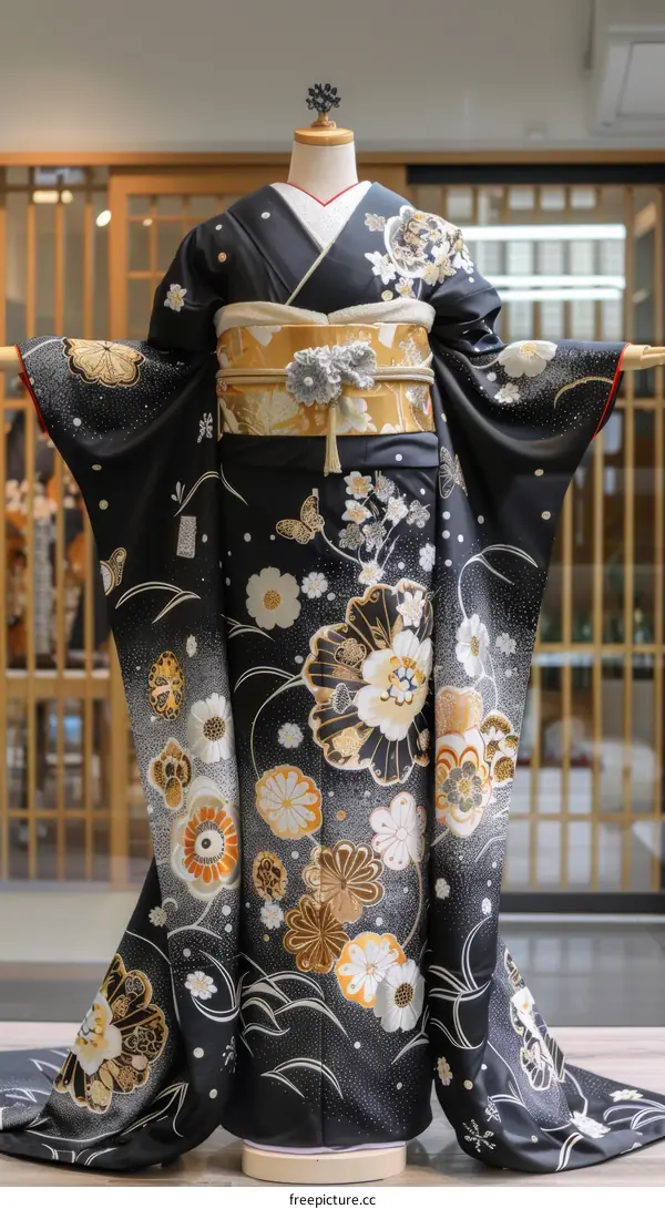 A kimono with a floral pattern and butterflies