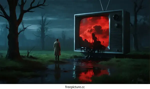 Mysterious Figure Stands Before Eerie Vintage TV in Spooky Night Scene